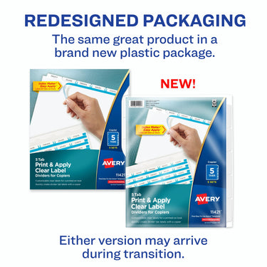 Avery 5-Tab Binder Dividers, Easy Peel Clear Labels for Copiers, Index Maker, White Tabs, 5 Sets (11421)